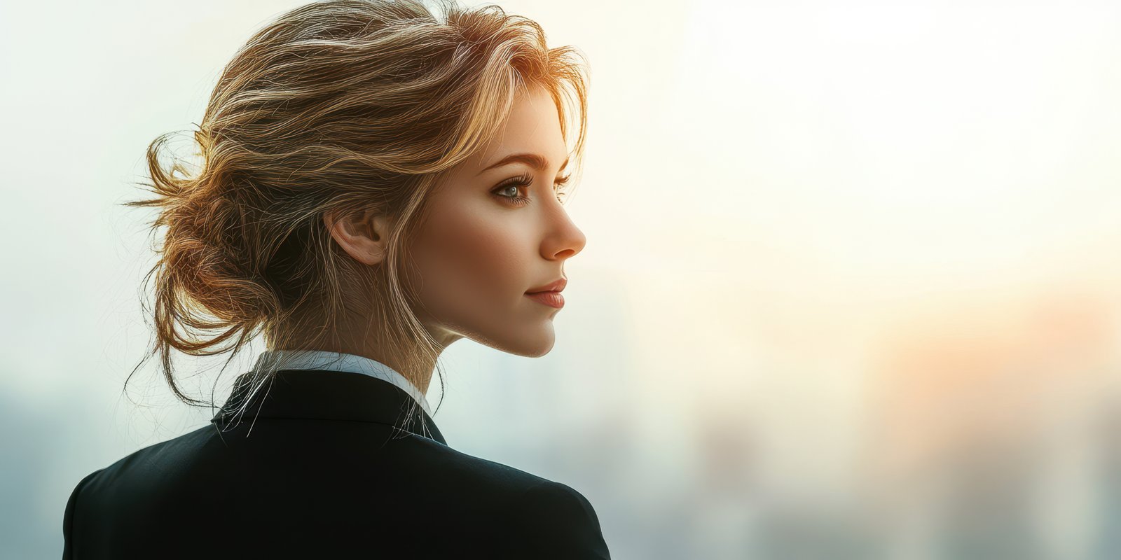 Business professional looking thoughtfully out the window at sunset in a modern urban setting